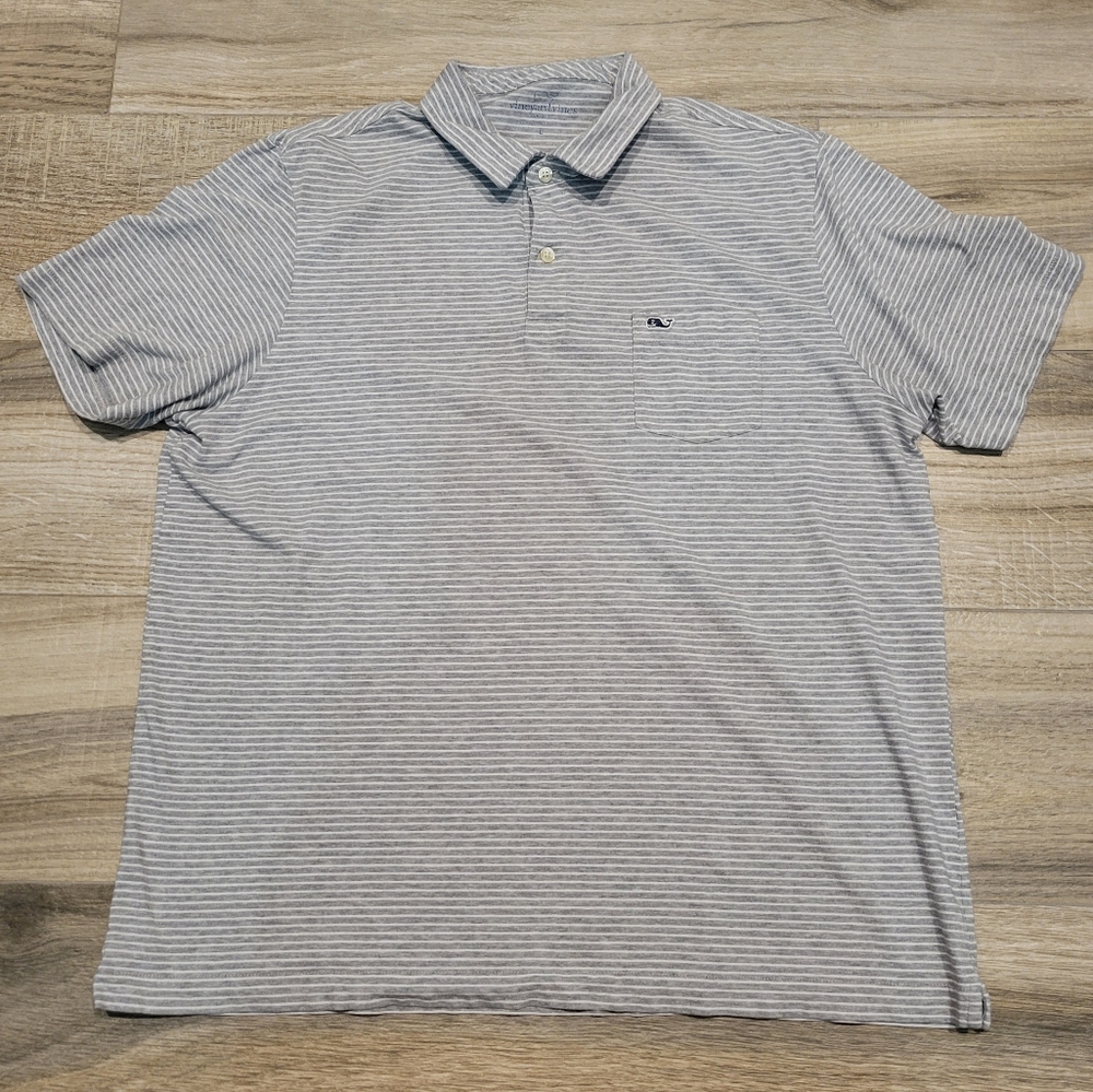 Vineyard Vines Grey & White Pinstripe Short Sleeve Polo Men's Large